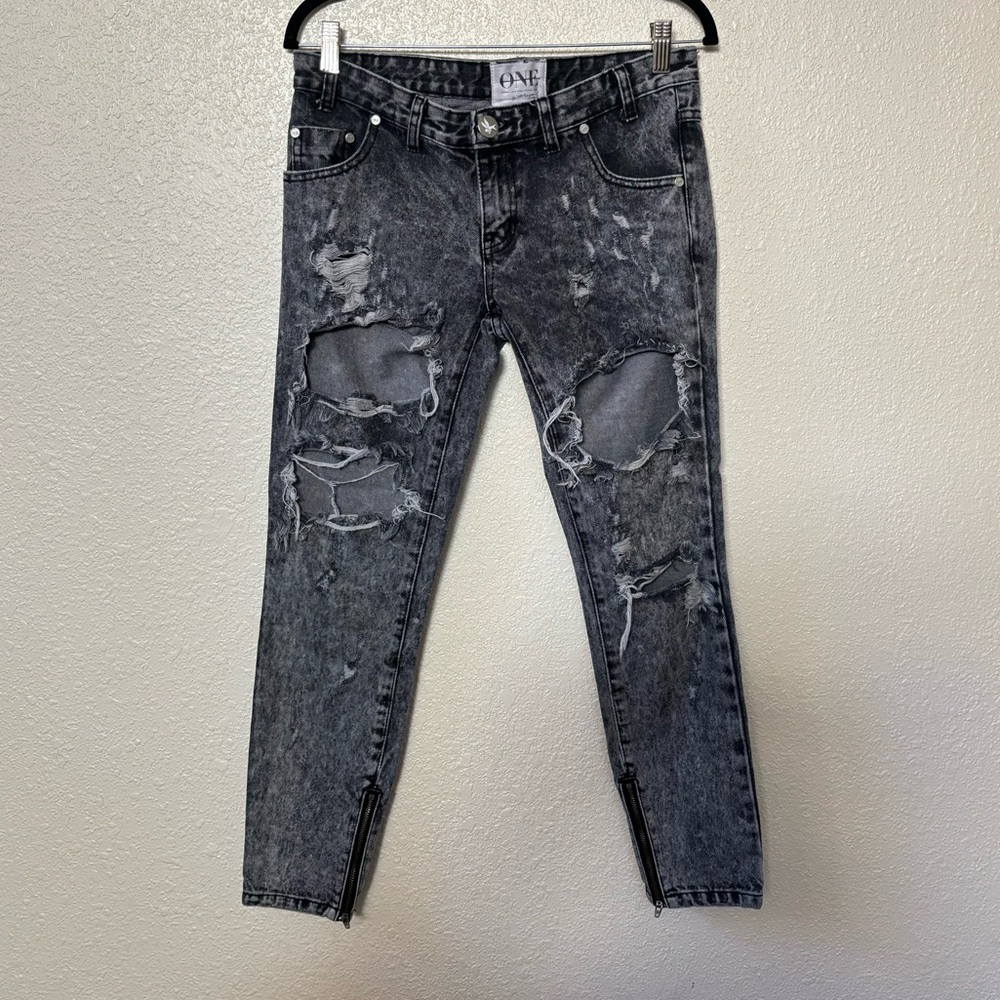 One Teaspoon Acid Wash Gray Heavily Distressed Low Rise Skinny Jeans 26